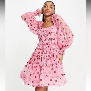 Lace & Beads exclusive square neck tiered mini dress in pink and red heart